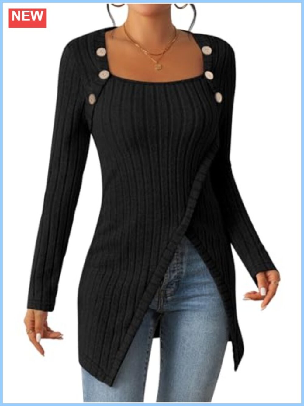 Women's Lightweight Tunic Sweater Long Sleeve Square Neck Asymmetrical Hem